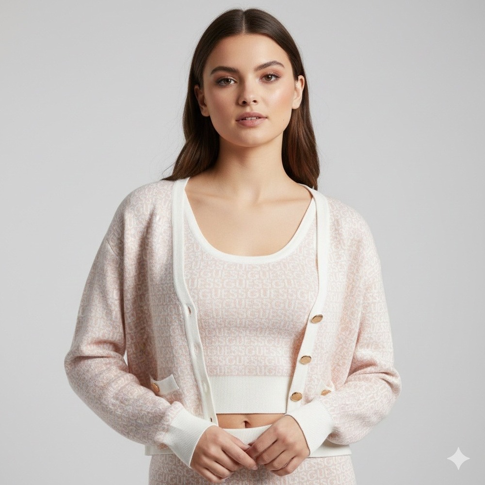 Guess Womens Medium Sweater Set Pink Logo Knit Cardigan Tank Preppy NWT Chic